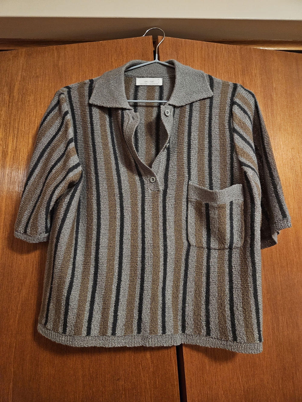 OAK + FORT Grey, Brown & Black Striped Short-Sleeve Cardigan Sweater